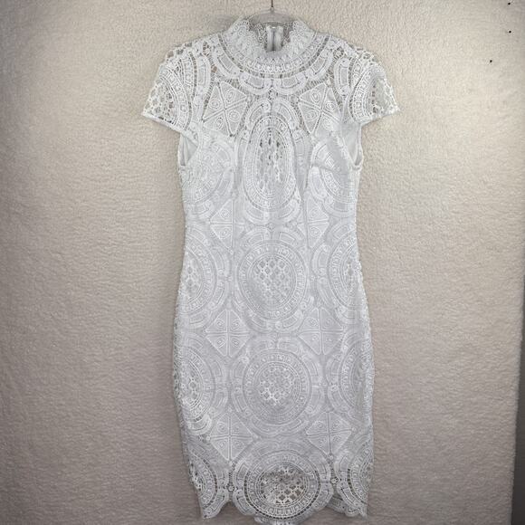 Bisou Bisou Dress 8 White Lace Sheath‎ High Neck Cap Sleeve Party Cocktail - Picture 1 of 16